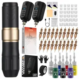 RHEIN Tattoo Maschine Set mit 2 Akkus und 20 Farben Tattoo Cartridges – Komplettes Zubehör