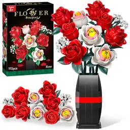 Ophy Rosenstrauß Bausatz mit Vase – 772 Teile Klemmbausteine, DIY Bastelset für Kunstblumen, Perfect für Home Deko, Geschenke für Frauen