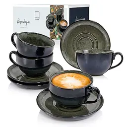 Kaffeetassen Set Kopenhagen 8-tlg. für 4 Personen, spülmaschinenfest, grau mit grünem Innen, 200 ml – PREMIUM COLLECTION