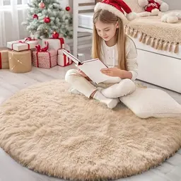 Homaxy Hochflor Teppich Rund Beige, Waschbar und Antirutsch, 200 cm für Wohnzimmer, Kinderzimmer, Schlafzimmer