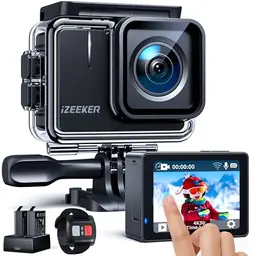 iZEEKER 4K Action Cam mit Touchscreen, 40m wasserdicht, 170° Weitwinkel, 2 Akkus, WiFi und Zubehör