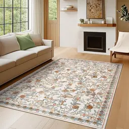 Blumen Teppich Wohnzimmer 150x210cm, Waschbar, Kurzflor, Retro-Design, Rutschfest, Weich, Antibakteriell, Faltbar, Für Schlafzimmer & Kinderzimmer