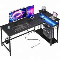 Bestier Gaming Schreibtisch L-Form mit LED, USB-Ladeanschlüssen und Monitorständer, 147 cm für Büro und Schlafraum