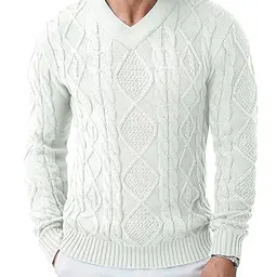 COOFANDY Herren V-Ausschnitt Strickpullover Slim Fit Weiß