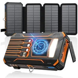SOARAISE Solar Powerbank 27000mAh - Tragbares Ladegerät mit 4 Kabeln und LED Taschenlampe für Outdoor (Orange)