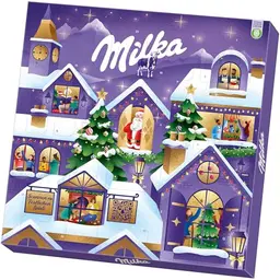 Milka Adventskalender mit Alpenmilch-Schokolade und cremigen Füllungen – festliches Design – 238g