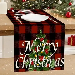 Luzzxfa Weihnachtsbaum Tischläufer Merry Christmas Rot Karomuster 33x183 cm - Moderne Tischdekoration für die Weihnachtssaison