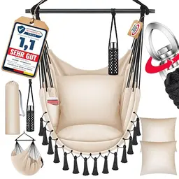 KESSER® Hängesessel Safari XXL für Erwachsene & Kinder - Hängestuhl bis 150 kg mit Tragetasche, Kissen, Getränkehalter & Bücherfach, Beige