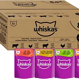 Whiskas 1+ Katzennassfutter Klassische Auswahl in Sauce, 84 Portionsbeutel – Hochwertiges Futter für ausgewachsene Katzen