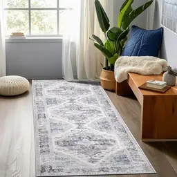 TOPICK Vintage Blumen Teppichläufer Grau Waschbar 60x300cm für Flur und Wohnzimmer