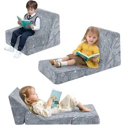 MeMoreCool Kindersofa Ausziehbar, Faltbarer Lounge Stuhl für Kinder 1-3 Jahre, Grau mit Dinosaurier