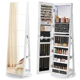 SONGMICS Schmuckschrank mit Spiegel, abschließbar, 360° drehbar, 6 LEDs, weiße Oberfläche
