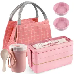 Kisstta Lunchbox Set für Erwachsene und Kinder, Auslaufsicher, 3 Fächer, Mikrowellengeeignet, Rosa