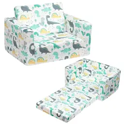 BEJOY Kindersofa 2 in 1 Aufklappbar - Flanell Couch für Kinderzimmer, Geschenk für Mädchen und Jungen - Weiß mit Dinos