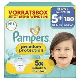 Pampers Premium Protection Größe 5+, 180 Windeln für optimalen Haut- und Auslaufschutz