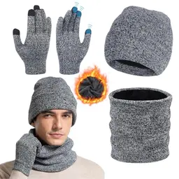 Figarge 3 in 1 Wintermütze Set für Herren und Damen - Fleece Mütze mit Schal und Handschuhen (Grau)