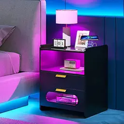 Lvifur RGB Nachttisch mit 2 Schubladen und Sensorfunktion, dimmbar in 20 Farben, mit kabellosem und USB-Ladeanschluss
