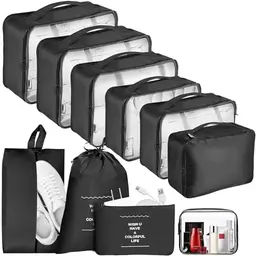 DOMIPHIE Koffer Organizer Set - 10 teilig, Packwürfel für Kleidung, Reisetaschen & Kosmetiktasche, Schwarz