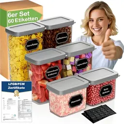 Homhut 6er Set Vorratsdosen mit Deckel, luftdicht für Küche - Ideal für Mehl, Zucker & Müsli
