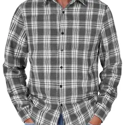 COOFANDY Herren kariertes Langarmhemd mit Taschen, casual, regular fit, Dunkelgrau-Weiß, Größe M