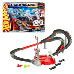 Hot Wheels Spielzeugauto-Trackset mit 3 Formel 1 Die-Cast-Fahrzeugen: McLaren, Alpine & VCARB