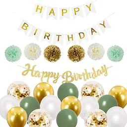 Luftballons Geburtstag Deko in Gold und Grün - Happy Birthday Banner mit Pompons
