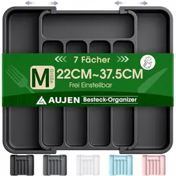 AUJEN Besteckkasten für Schubladen - Abnehmbarer und erweiterbarer Küchen Organizer, Schwarz