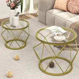 Hzuaneri Rund Couchtisch Set, 2 Beistelltische mit Metallrahmen, Klein für Wohnzimmer, Schlafzimmer, Gold