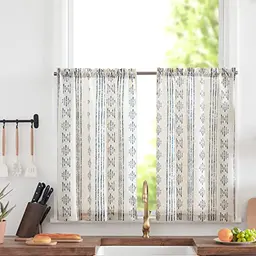TOPICK Boho Küchen Gardinen 90 cm, Streifen Lichtfilterung, 2er Set Blau-Beige für Esszimmer und Badezimmer
