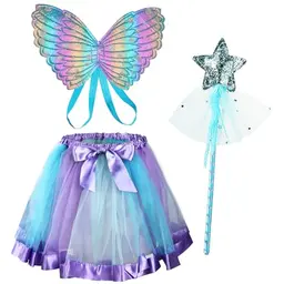 AUYAO Feenflügel Kostüm für Kinder – 3-teiliges Set mit Tutu, Haarband und Zepter in Blau für Halloween und Fasching