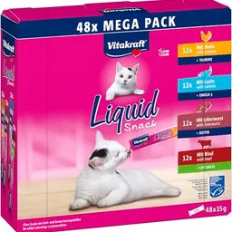 Vitakraft Liquid Snack für Katzen, cremige Leckerlis im Mega Pack (48x15g) mit Rind, Huhn und Lachs
