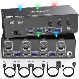 KVM Switch für 3 Monitore und 3 PCs, 4K@60Hz, HDMI/DisplayPort, USB 3.0