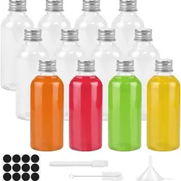 ADERTOS 12 Mini Saftflaschen 80ml - Klare PET Flaschen mit Trichter, Etikett und Stift für Saft, Smoothie und Whisky