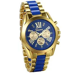 JewelryWe Herren Armbanduhr, Edelstahl Quarz Uhr mit Römischen Ziffern, Gold Blau