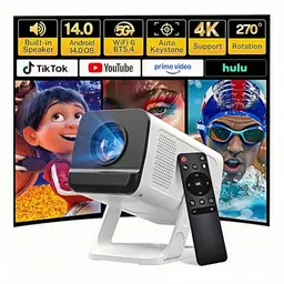 Mini Beamer mit Android 14, WiFi 6 & Bluetooth - Tragbarer Projektor für iOS/HDMI/USB, LYNCAST VisualCube 300 Weiß
