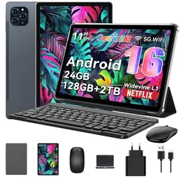 TABWEE 11-Zoll Android Tablet mit 16GB RAM, 128GB Speicher, 24GB RAM, FHD 120Hz Display, Akku, Kamera, 5G/WLAN, Tastatur & Stift