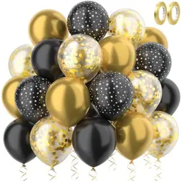 RISEMART Deko-Set Gold Schwarz Sterne mit Konfetti - 60 Stück 30cm Luftballons und 2 Rollen goldene Bänder für Hochzeit