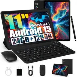 11 Zoll Android Tablet, 24GB RAM, 128GB ROM, Octa-Core, WiFi 6, 6800mAh Akku, Dual Kamera, inklusive Tastatur, Maus, Stift & Hülle