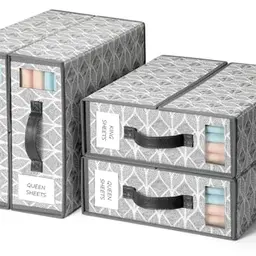 LAMU 4er Set faltbare Aufbewahrungsboxen mit Sichtfenster - ideal für Bettwäsche und Decken - Grau