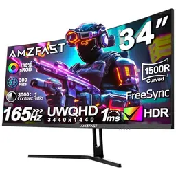 Amzfast 34 Zoll Curved Gaming Monitor - 165Hz, 21:9 UltraWide QHD, HDR, Eyes-Care