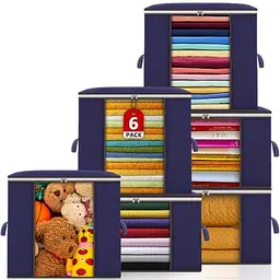 POWZOO 6er Set Aufbewahrungskisten mit Deckel - Faltbare Boxen für Kleidung und Decken (Blau)