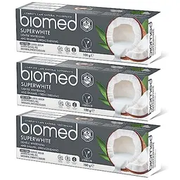 BIOMED Superweiße Zahnpasta, 3x100g – Natürliche Aufhellung, reduziert Empfindlichkeit, ohne Fluorid und SLS, Kokosgeschmack