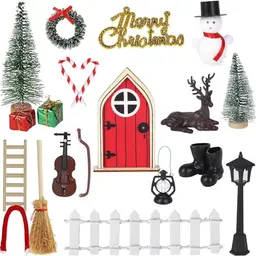 EDWINENE Wichteltür Zubehör Set - Miniatur Weihnachtswichtel Tür aus Holz für festliche Deko