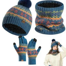 3er Set: Fleece-Wintermütze, Schal und Handschuhe - Weich und Warm (Blau)