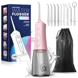 JTF Kabellose Munddusche - Tragbarer Waterflosser mit 5 Modi & 9 Düsen, Wiederaufladbar, IPX7 Wasserdicht (Rosa)