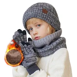 TMEOG Wintermütze Set für Kinder - Mütze, Schal und Handschuhe für 4-10 Jahre (Grau)