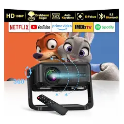 FHD 1080P Beamer mit 360° Ständer, WiFi6 & Bluetooth 5.2 – Outdoor Heimkino Projektor, kompatibel mit Handy und TV-Sticks