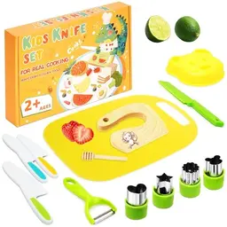 Macmoon 13-teiliges Kindermesser Set für sicheres Kochen mit Gemüse – Holzmesser & Schneidebrett für Kinder