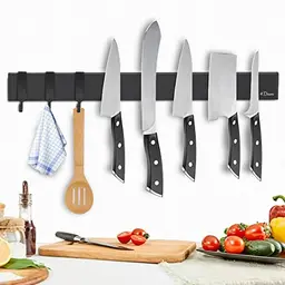 Dmore Magnetleiste Messerhalter mit 3 Haken, 40 cm, schwarz, selbstklebend aus Edelstahl, inkl. Klebeband und Schrauben