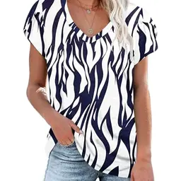 PLOKNRD Damen T-Shirt mit V-Ausschnitt und Blütenblatt-Ärmeln - Sommer Freizeit Oberteil - Blau gestreift - XXL